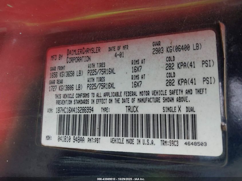 2001 Dodge Ram 1500 St/Ws VIN: 1B7HC16X41S286994 Lot: 43569510