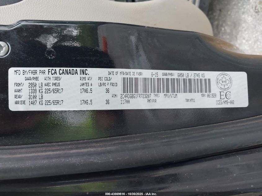 2015 Dodge Grand Caravan Se/Sxt VIN: 2C4RDGBG1FR723207 Lot: 43569516