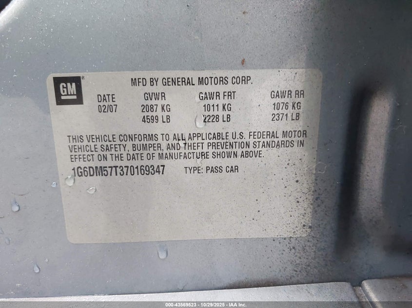 2007 Cadillac Cts Standard VIN: 1G6DM57T370169347 Lot: 43569523