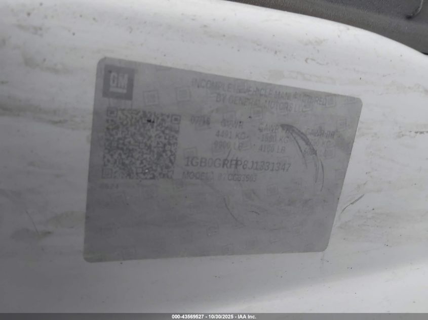 2018 Chevrolet Express Cutaway Work Van VIN: 1GB0GRFP8J1331347 Lot: 43569527