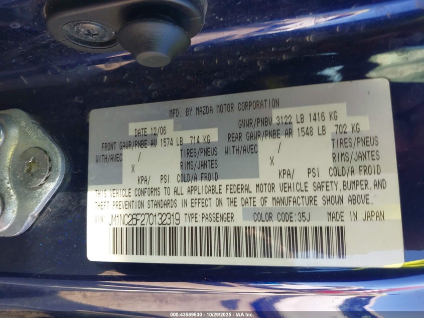 2007 Mazda Mx-5 Grand Touring VIN: JM1NC26F270132319 Lot: 43569530