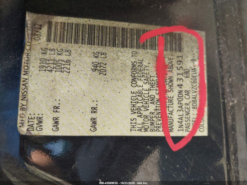 2013 Nissan Altima 2.5 Sl VIN: 1N4AL3AP0DN431591 Lot: 43569535