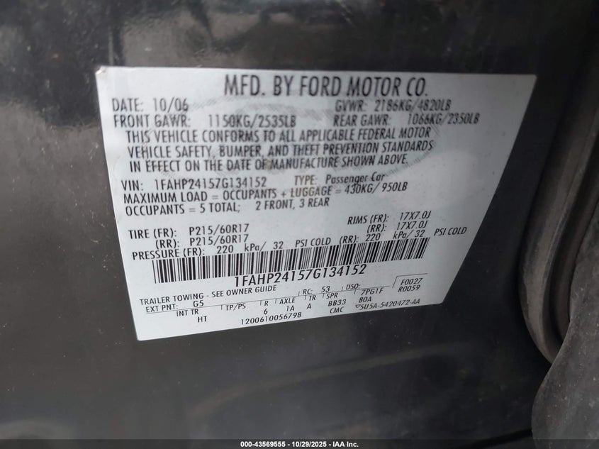 2007 Ford Five Hundred Sel VIN: 1FAHP24157G134152 Lot: 43569555