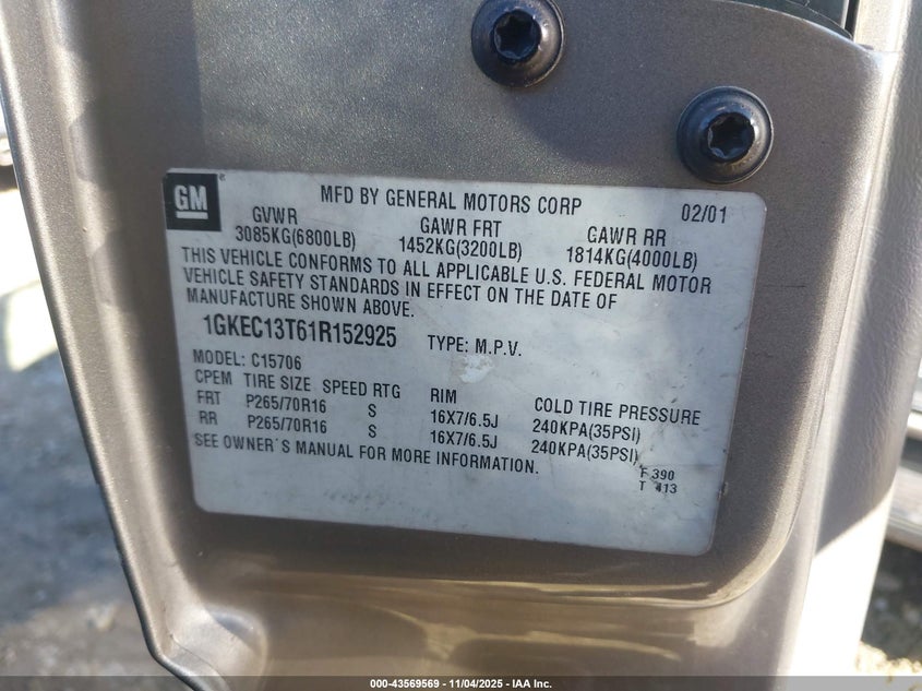 2001 GMC Yukon Sle VIN: 1GKEC13T61R152925 Lot: 43569569