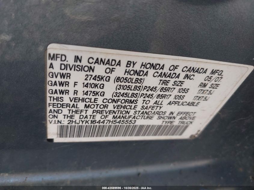 2007 Honda Ridgeline Rts VIN: 2HJYK16447H545553 Lot: 43569596
