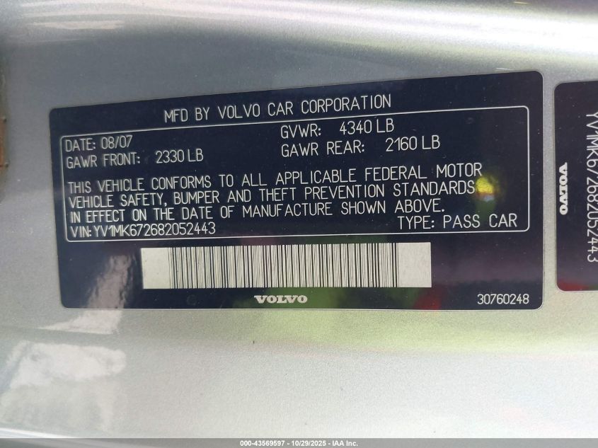 2008 Volvo C30 T5 R-Design/T5 Version 1.0/T5 Version 2.0 VIN: YV1MK672682052443 Lot: 43569597