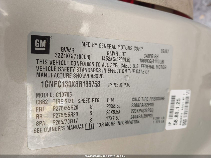 2008 Chevrolet Tahoe Ltz VIN: 1GNFC130X8R138758 Lot: 43569615