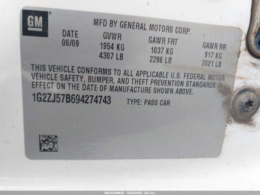 2009 Pontiac G6 New Se VIN: 1G2ZJ57B694274743 Lot: 43569625