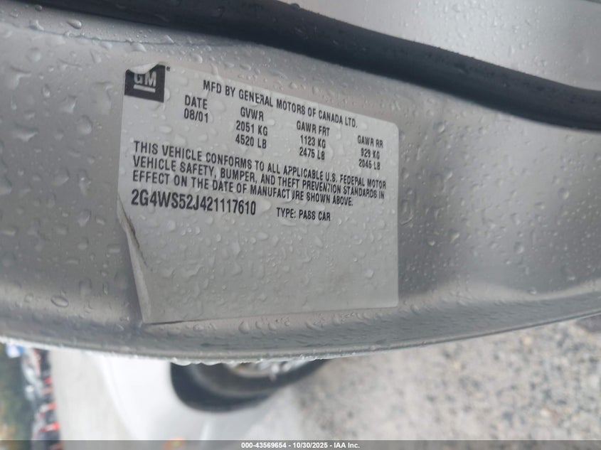 2002 Buick Century Custom VIN: 2G4WS52J421117610 Lot: 43569654