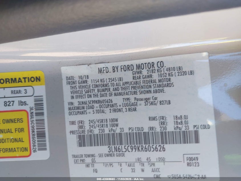 2019 LINCOLN MKZ RESERVE I 3LN6L5C99KR605626