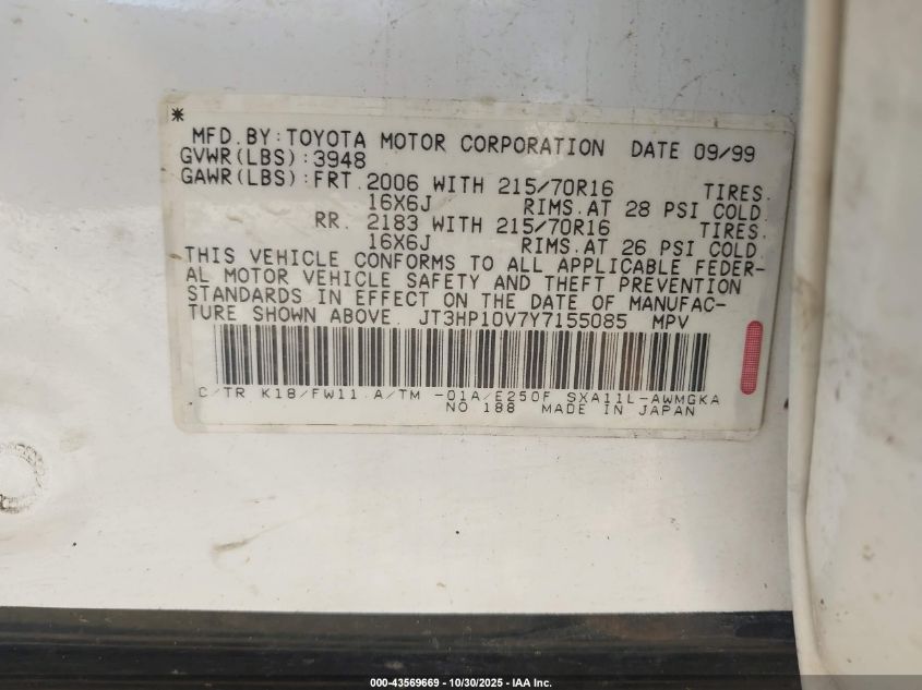 2000 Toyota Rav4 VIN: JT3HP10V7Y7155085 Lot: 43569669