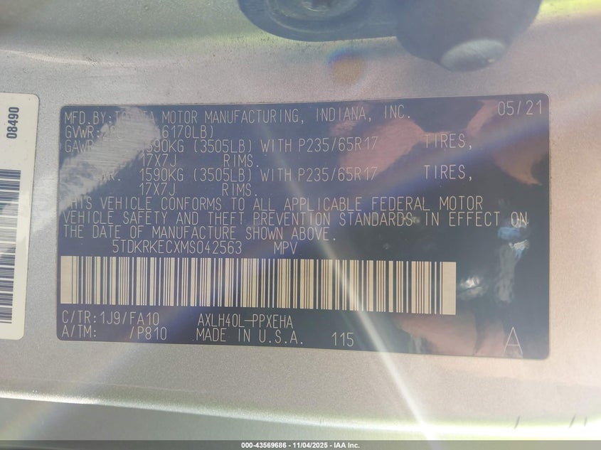 2021 TOYOTA SIENNA LE 5TDKRKECXMS042563