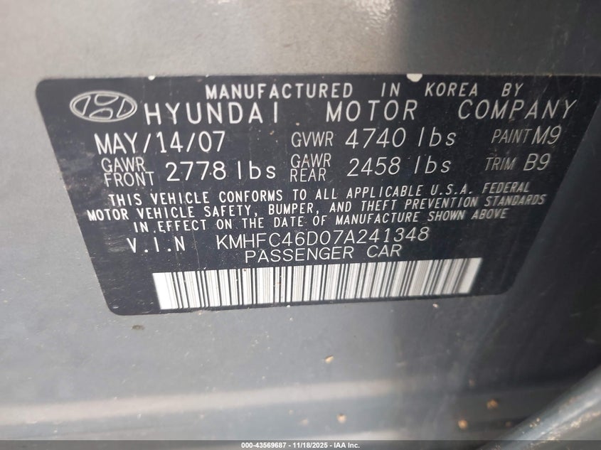 2007 Hyundai Azera Gls VIN: KMHFC46D07A241348 Lot: 43569687