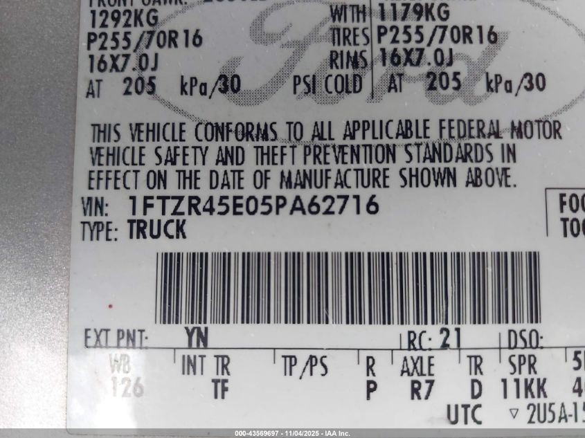 2005 Ford Ranger Edge/Fx4 Level Ii/Fx4 Off-Road/Xlt VIN: 1FTZR45E05PA62716 Lot: 43569697