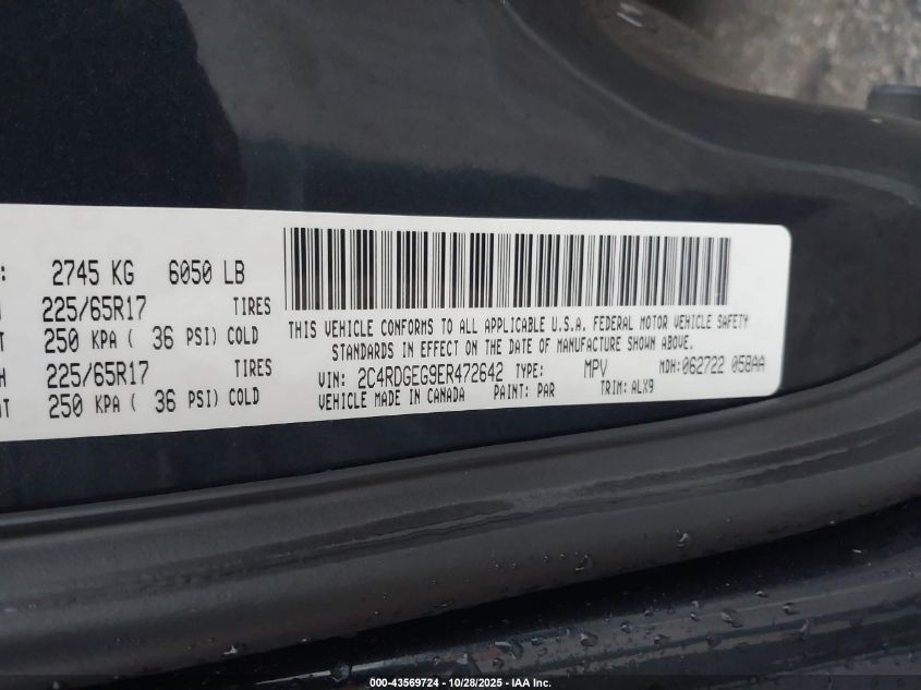 2014 Dodge Grand Caravan R/T VIN: 2C4RDGEG9ER472642 Lot: 43569724