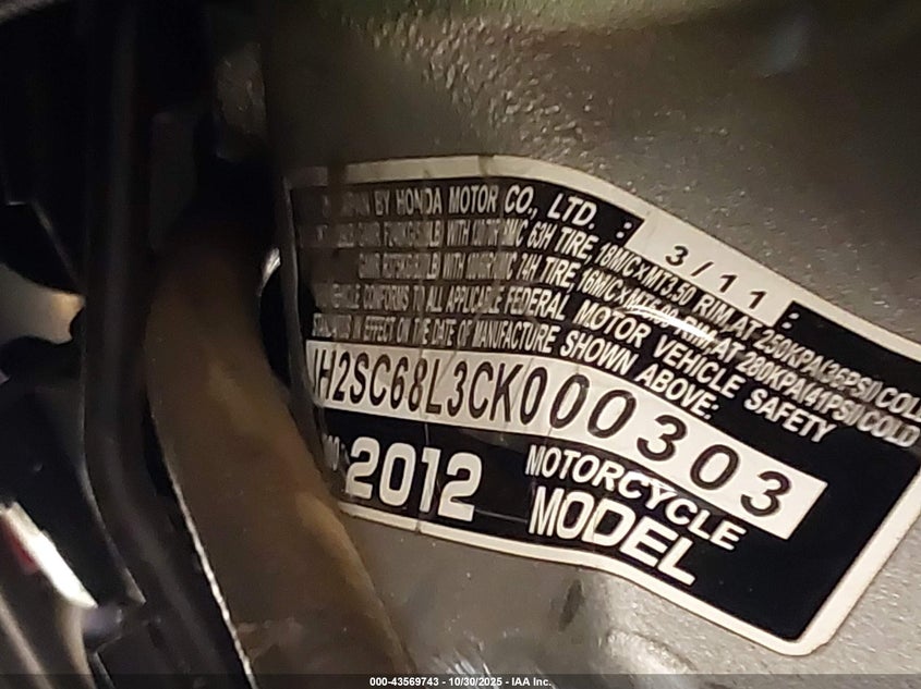2012 Honda Gl1800 VIN: JH2SC68L3CK000303 Lot: 43569743