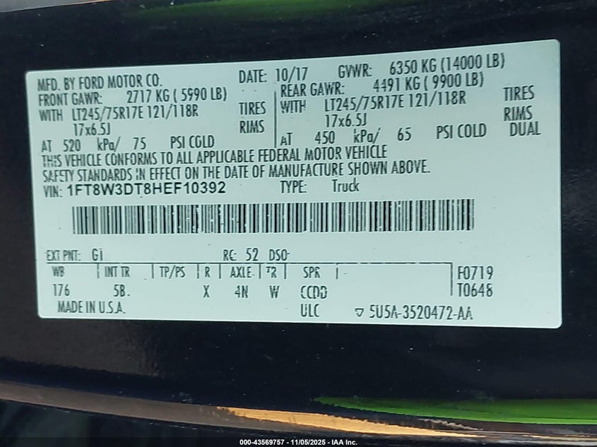 2017 Ford F-350 Lariat VIN: 1FT8W3DT8HEF10392 Lot: 43569757