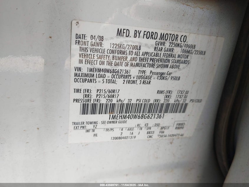 2008 Mercury Sable VIN: 1MEHM40W68G621361 Lot: 43569761