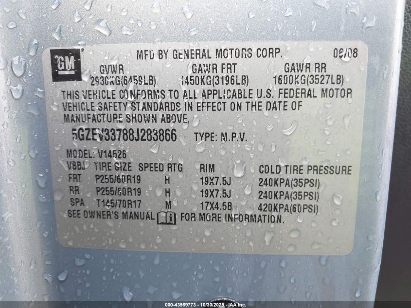 2008 Saturn Outlook Xr VIN: 5GZEV33788J283866 Lot: 43569773