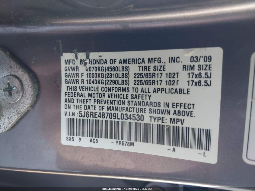 2009 Honda Cr-V Ex-L VIN: 5J6RE48709L034530 Lot: 43569780