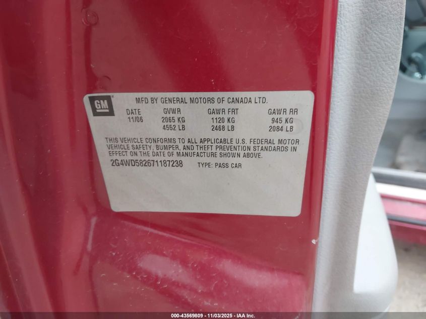 2007 Buick Lacrosse Cxl VIN: 2G4WD582671187238 Lot: 43569809