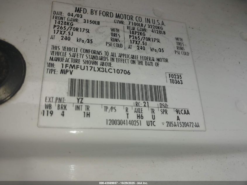 2003 Ford Expedition Eddie Bauer VIN: 1FMFU17LX3LC10706 Lot: 43569857