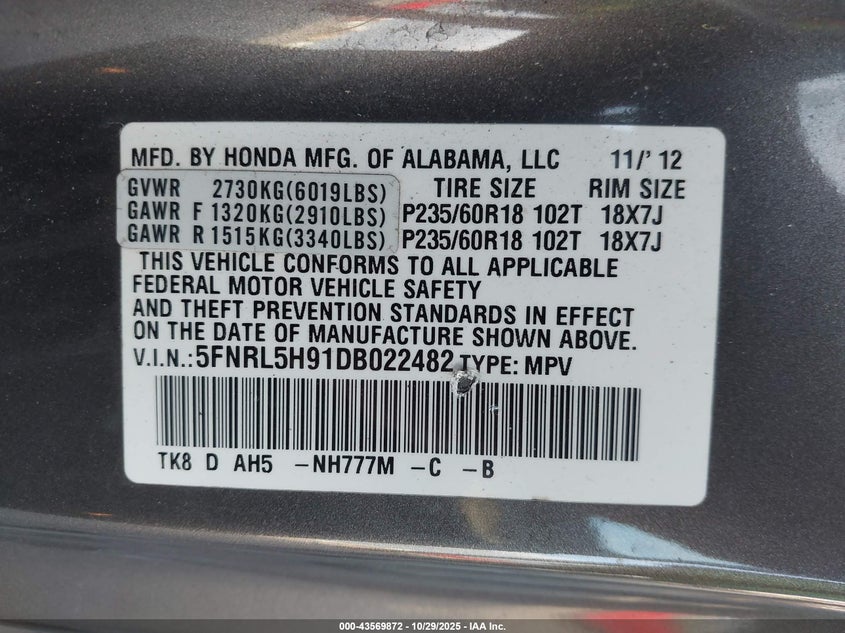 5FNRL5H91DB022482 2013 HONDA ODYSSEY photo no. 9