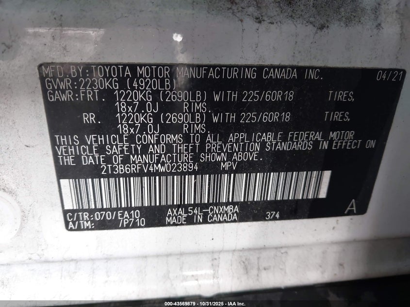 2T3B6RFV4MW023894 2021 TOYOTA RAV 4 photo no. 9