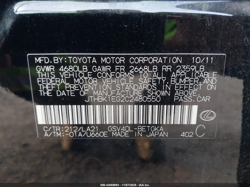 JTHBK1EG2C2480550 2012 LEXUS ES photo no. 9