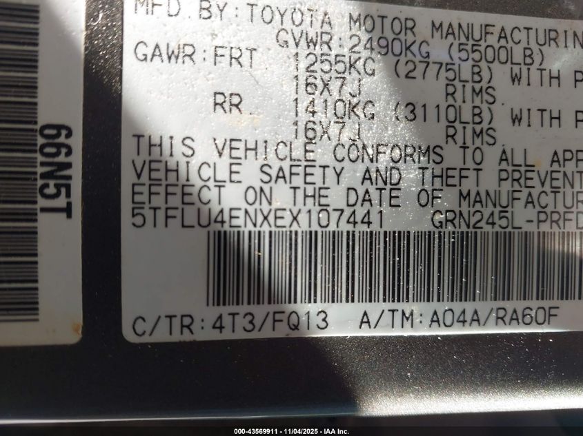 2014 Toyota Tacoma Base V6 VIN: 5TFLU4ENXEX107441 Lot: 43569911