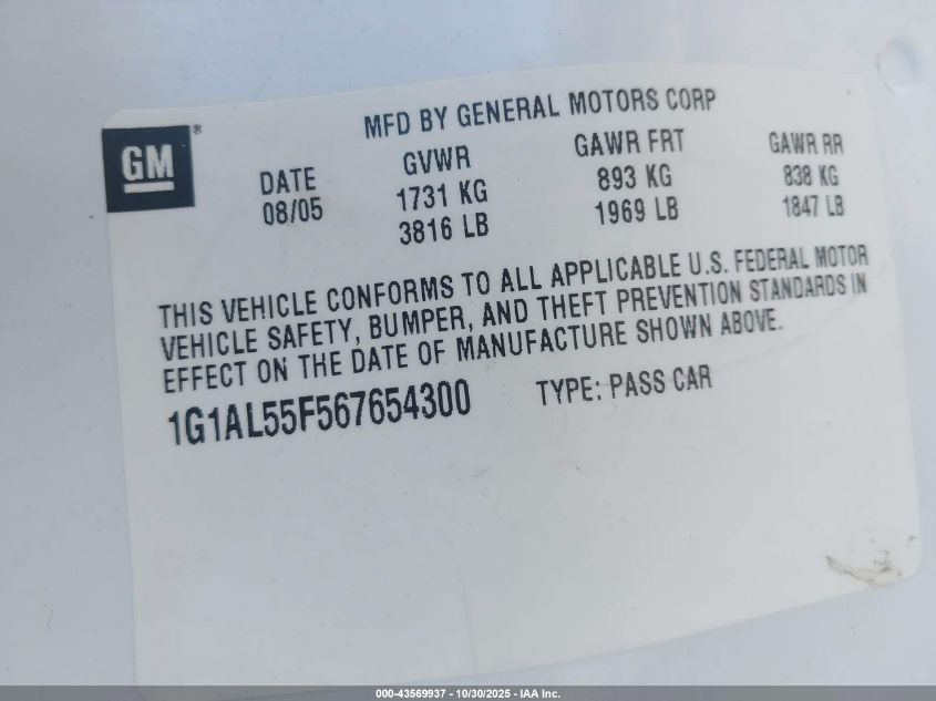 2006 Chevrolet Cobalt Lt VIN: 1G1AL55F567654300 Lot: 43569937