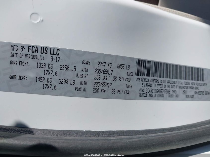 2017 Chrysler Pacifica Touring-L VIN: 2C4RC1BGXHR747508 Lot: 43569967