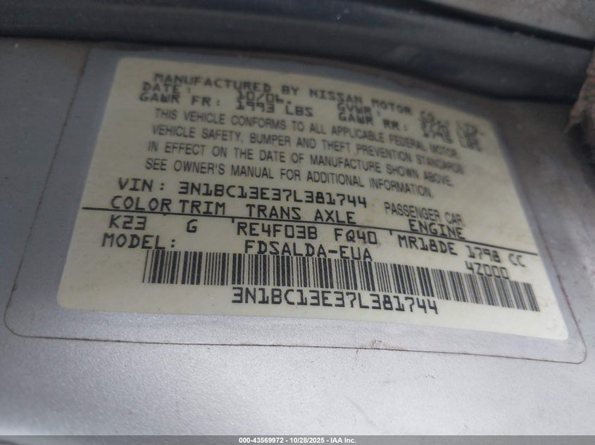 2007 Nissan Versa 1.8S VIN: 3N1BC13E37L381744 Lot: 43569972