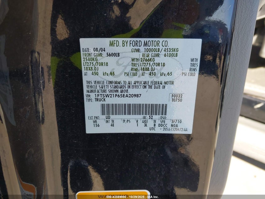 2005 Ford F-250 Lariat/Xl/Xlt VIN: 1FTSW21P65EA20987 Lot: 43569990