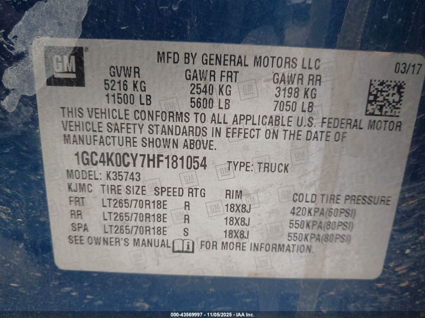2017 Chevrolet Silverado 3500Hd Ltz VIN: 1GC4K0CY7HF181054 Lot: 43569997
