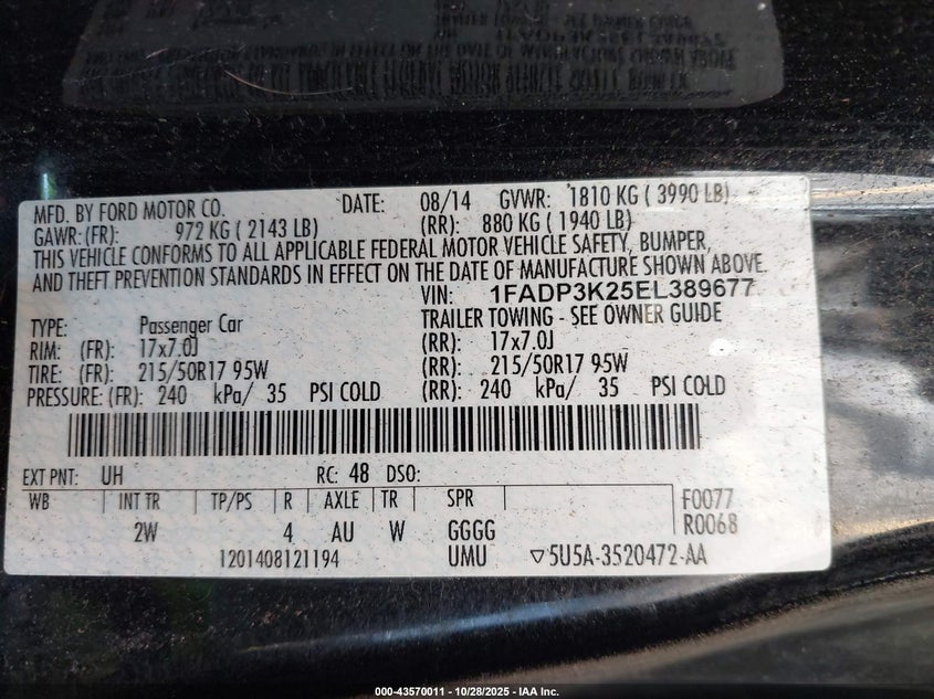 2014 FORD FOCUS SE 1FADP3K25EL389677