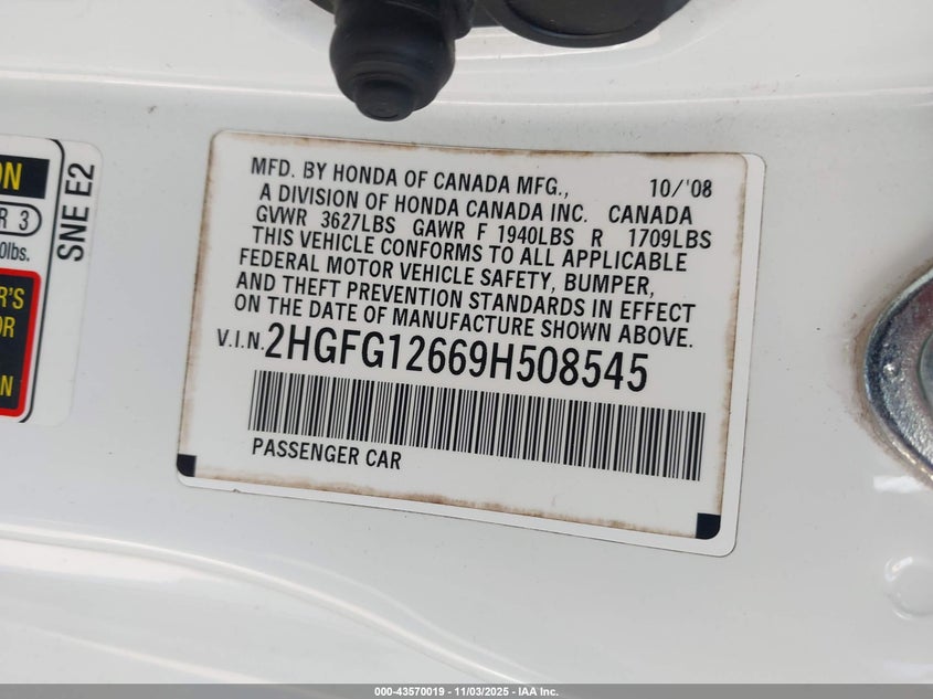 2009 Honda Civic Lx VIN: 2HGFG12669H508545 Lot: 43570019