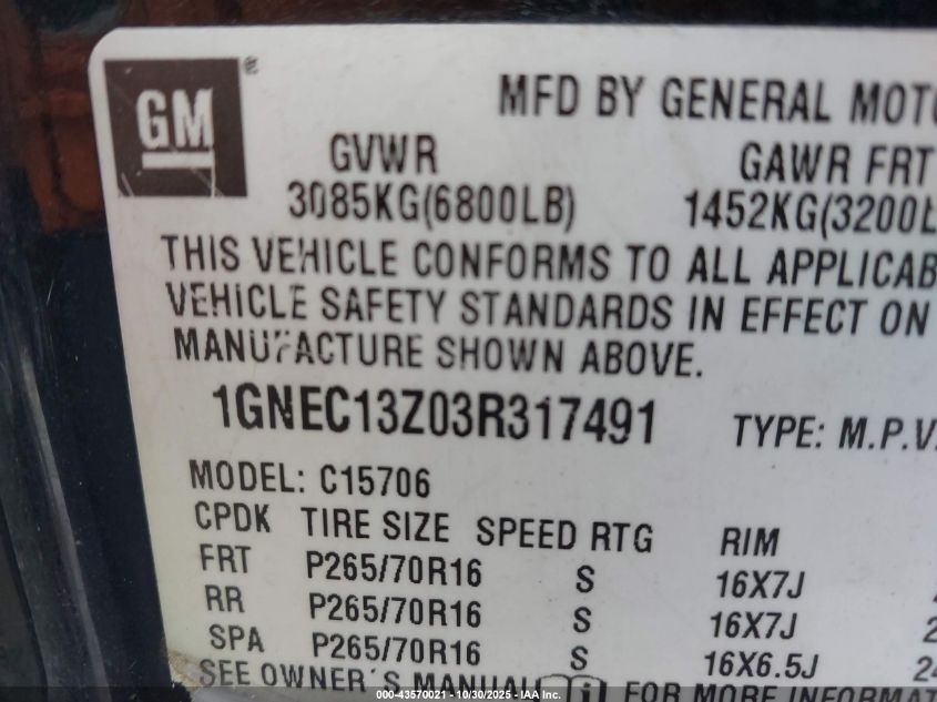 2003 Chevrolet Tahoe VIN: 1GNDC13Z03R317491 Lot: 43570021