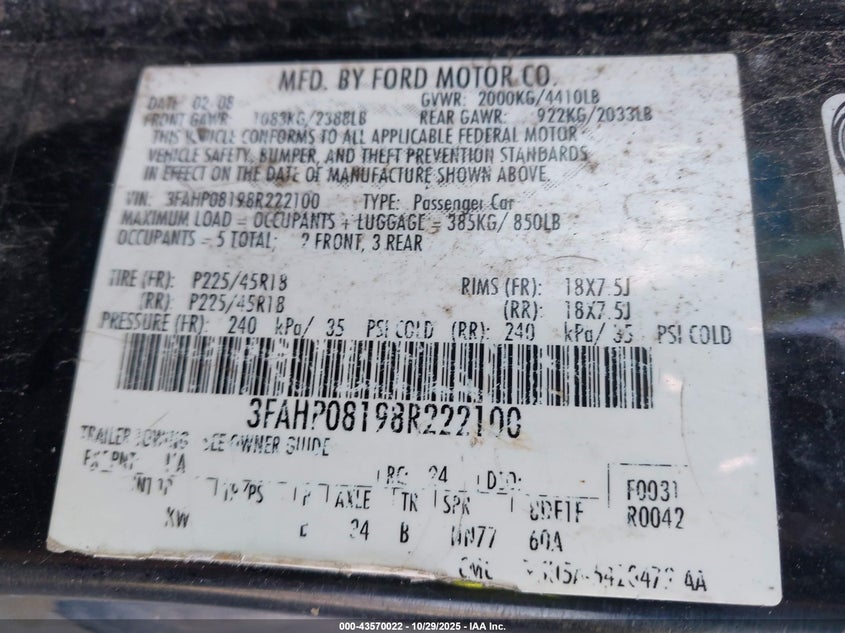 2008 Ford Fusion Sel VIN: 3FAHP08198R222100 Lot: 43570022