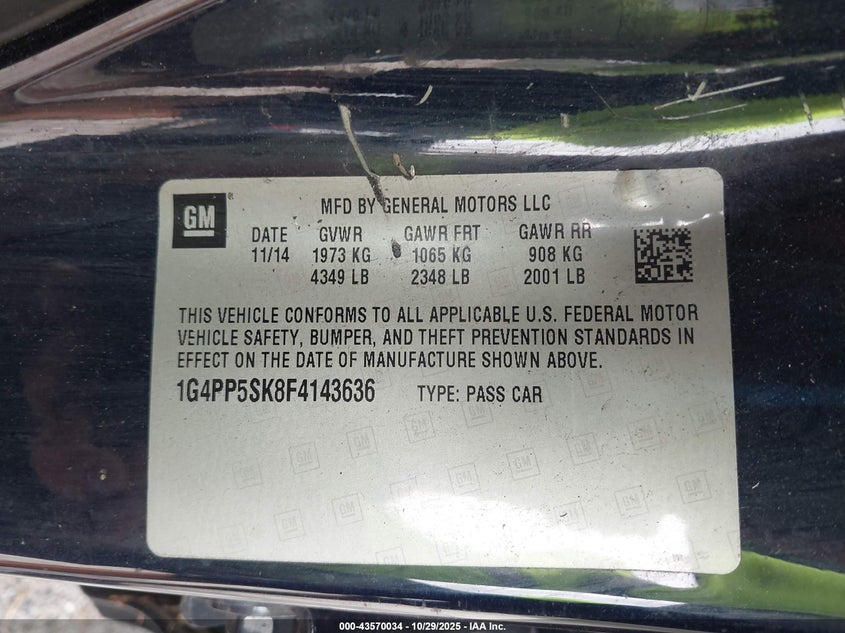 2015 Buick Verano VIN: 1G4PP5SK8F4143636 Lot: 43570034