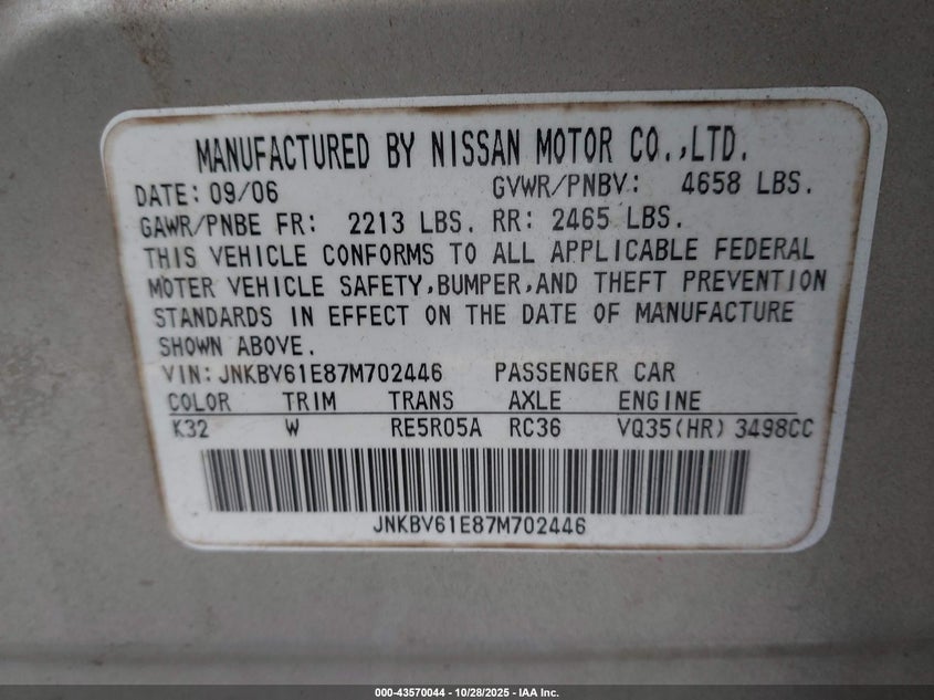 2007 Infiniti G35 Sport VIN: JNKBV61E87M702446 Lot: 43570044