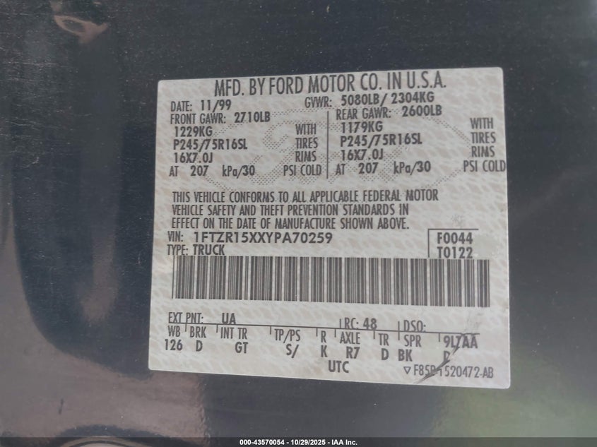 2000 Ford Ranger Xlt VIN: 1FTZR15XXYPA70259 Lot: 43570054