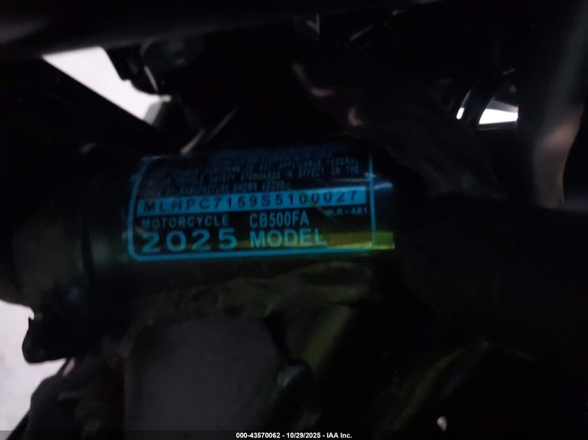 2025 Honda Cb500 F VIN: MLHPC7159S5100027 Lot: 43570062