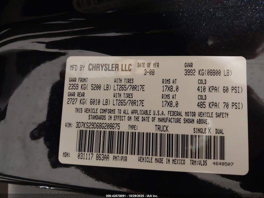 2008 Dodge Ram 2500 Laramie VIN: 3D7KS29D68G208675 Lot: 43570091
