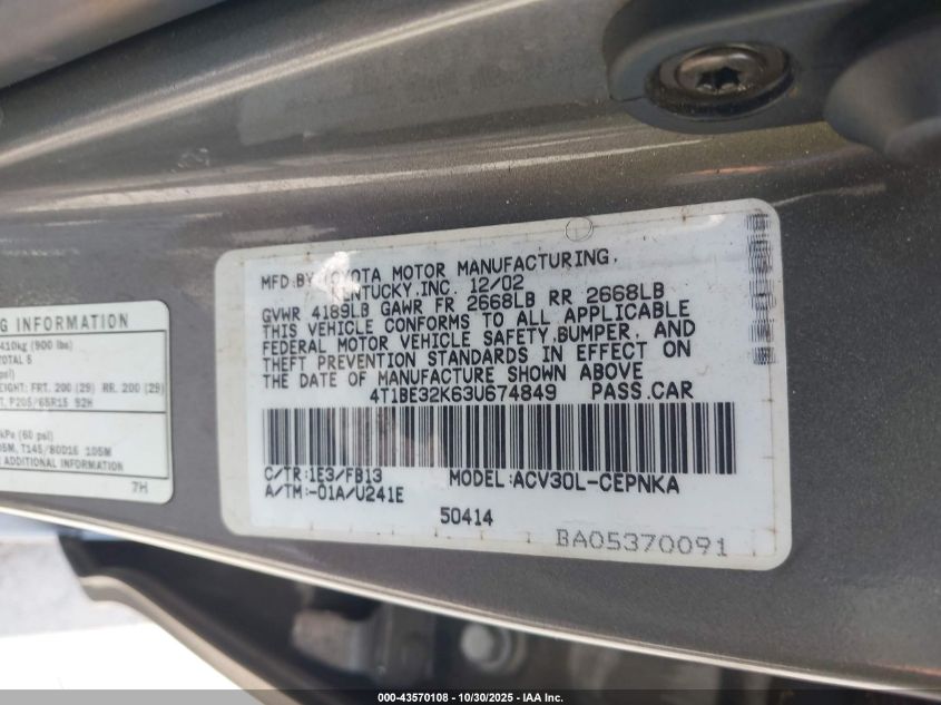 2003 Toyota Camry Le VIN: 4T1BE32K63U674849 Lot: 43570108