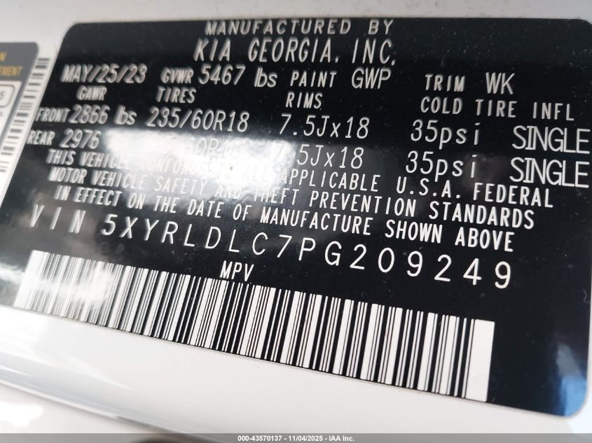 2023 Kia Sorento X-Line S VIN: 5XYRLDLC7PG209249 Lot: 43570137