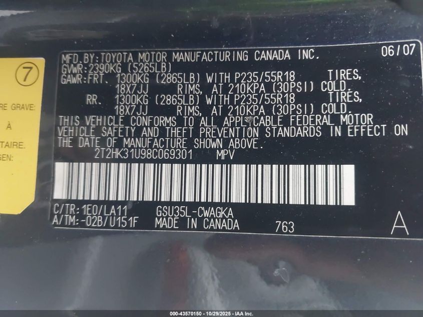 2008 Lexus Rx 350 VIN: 2T2HK31U98C069301 Lot: 43570150