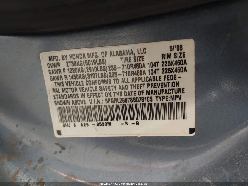 2008 Honda Odyssey Touring VIN: 5FNRL38878B078105 Lot: 43570152