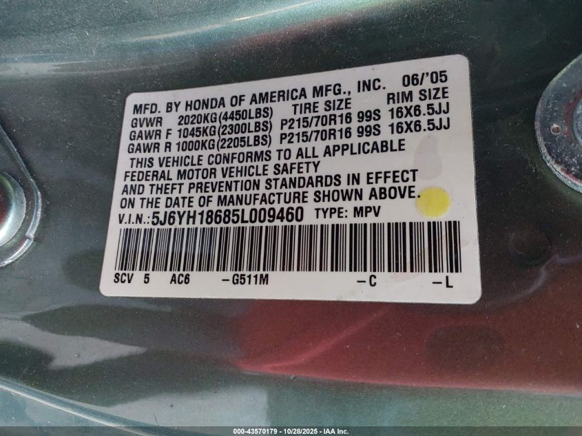2005 Honda Element Ex VIN: 5J6YH18685L009460 Lot: 43570179