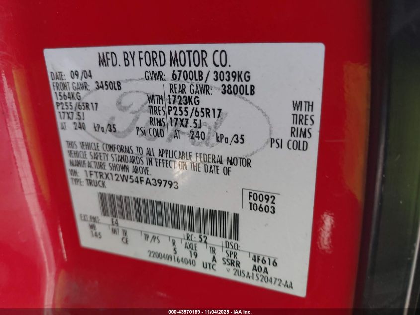 2004 Ford F-150 Stx/Xl/Xlt VIN: 1FTRX12W54FA39793 Lot: 43570189